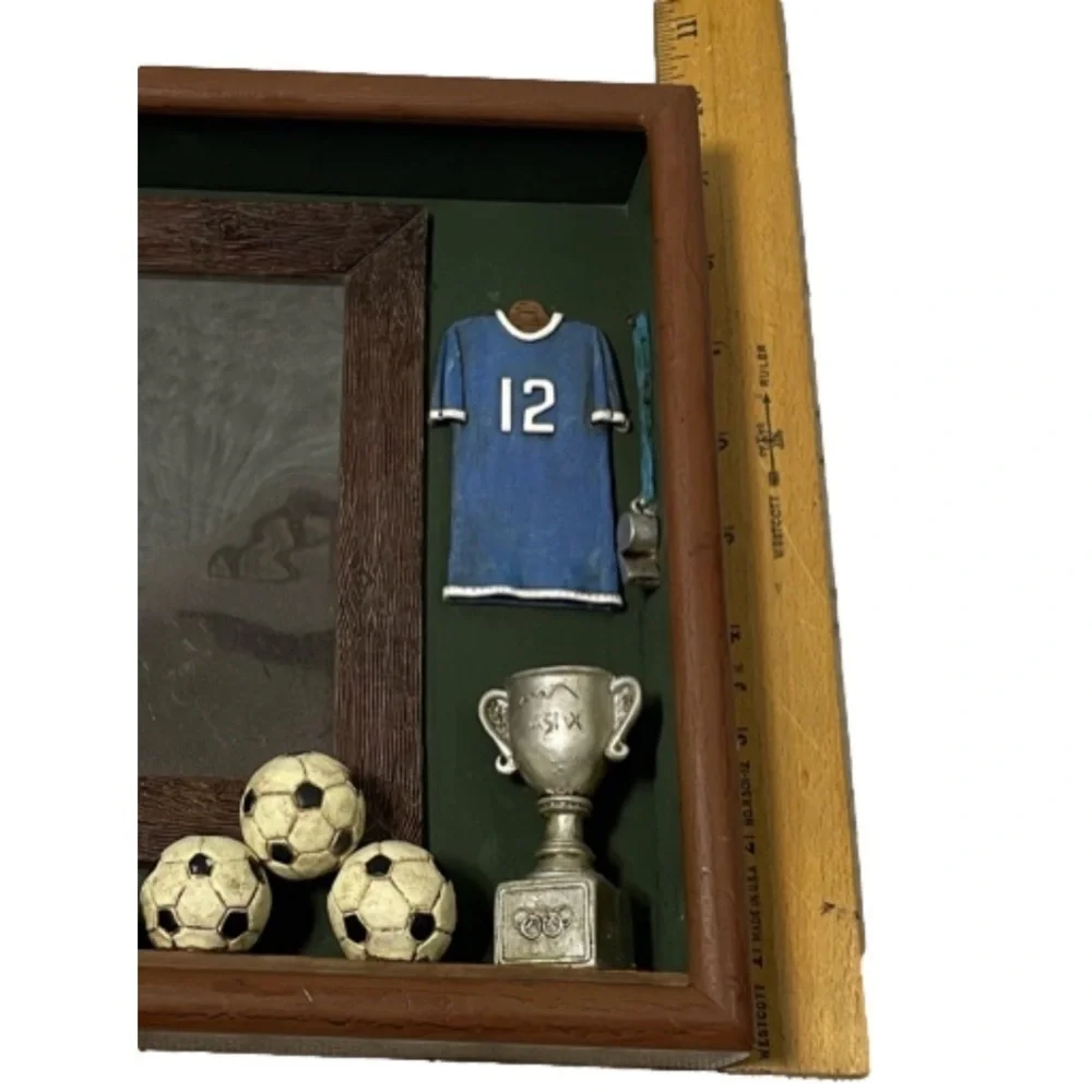 Vintage Grannycore, Eclectic Grandpa Soccer Memorabilia Picture Frame Shadow Box